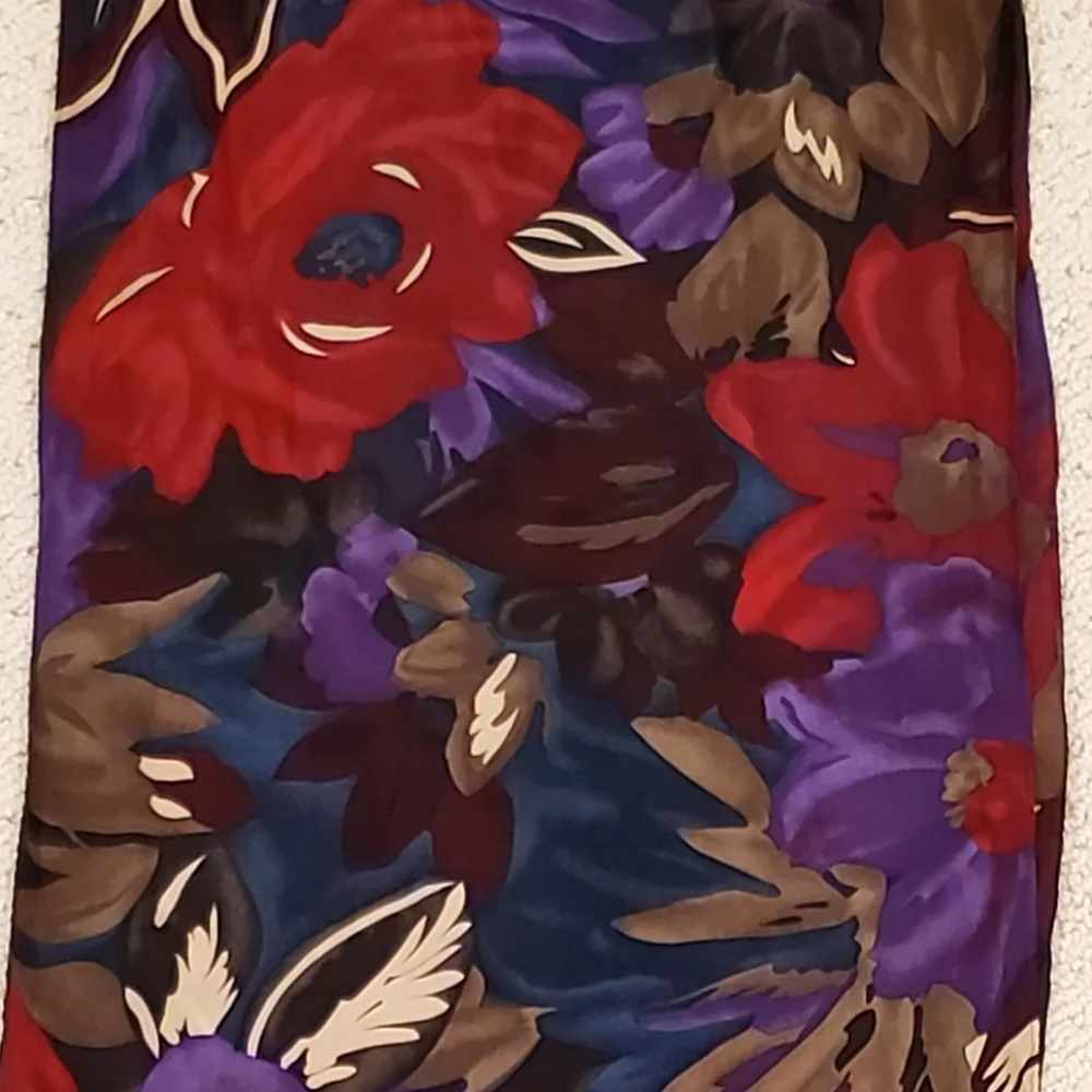 Vintage Axcess 100% Silk Long Floral Scarf, Deep Colors Purple/Teal/Red, EUC